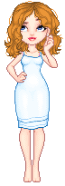 pixel art of young lady with wavy brown hair, wearing a shabby powder blue satin nightgown